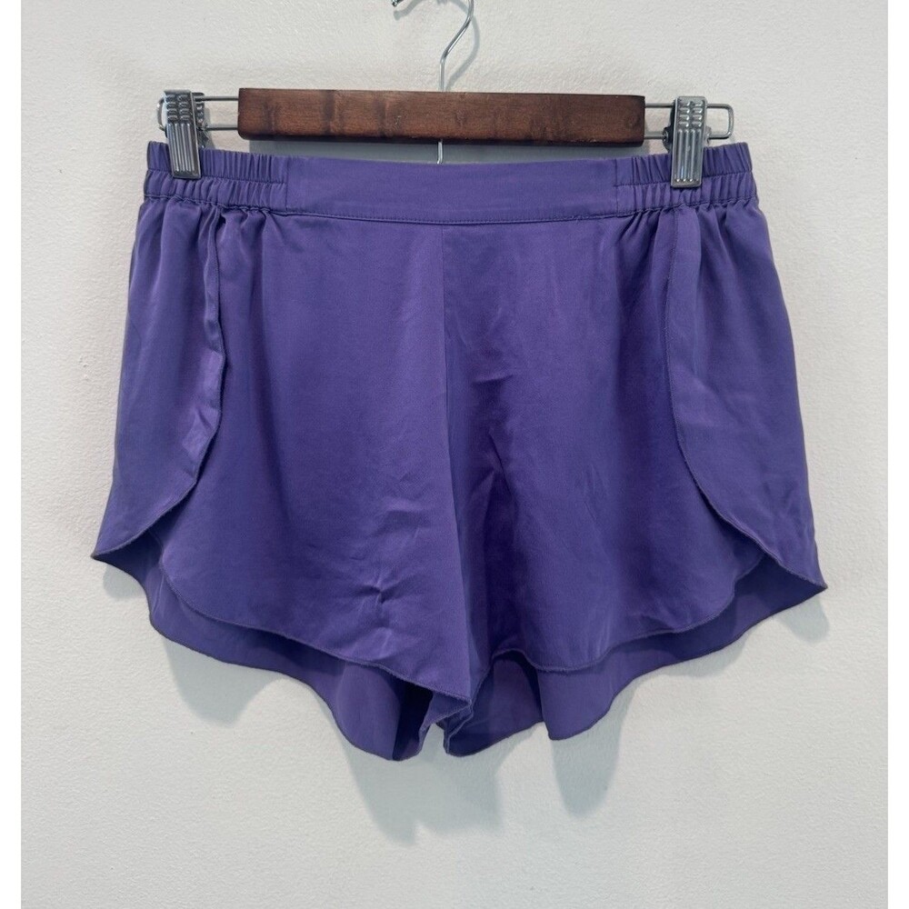 Lunya Washable Silk Satin Tulip Ruffle Overlay Lounge Pajama Shorts Purple Small - Picture 2 of 7
